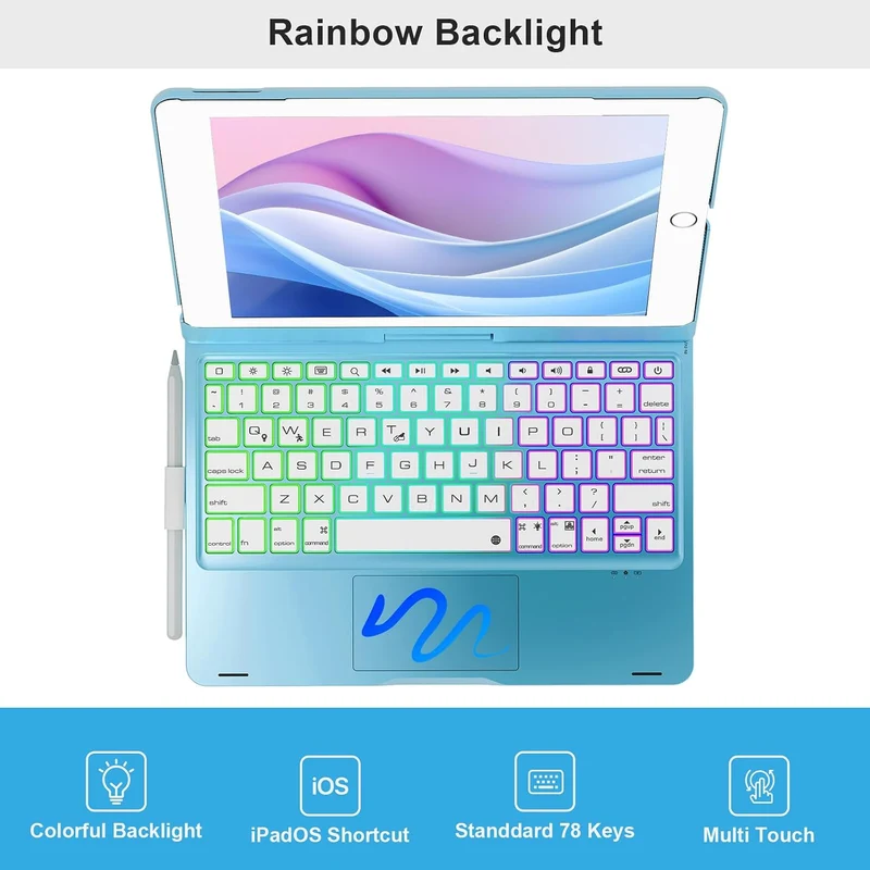 NOKBABO iPad 9. Generation Hülle mit Tastatur, um 360° drehbares Touchpad und 7-farbige Hintergrundb