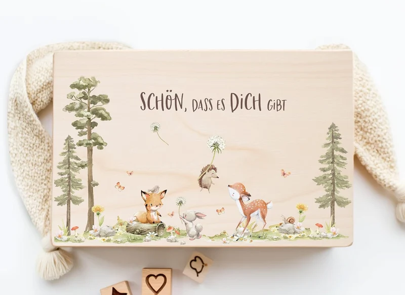 Little Deco Baby Erinnerungsbox Holzkiste mit Deckel | L - 40 x 30 x 22 cm | Waldtiere Geschenk zur