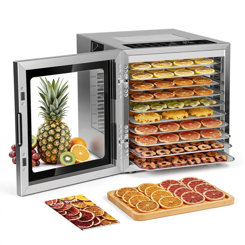 AIRFISH Edelstahl Dörrautomat, Food Dehydrator mit 67+ Rezepten, 10 Edelstahl Dörretagen, Digitale S