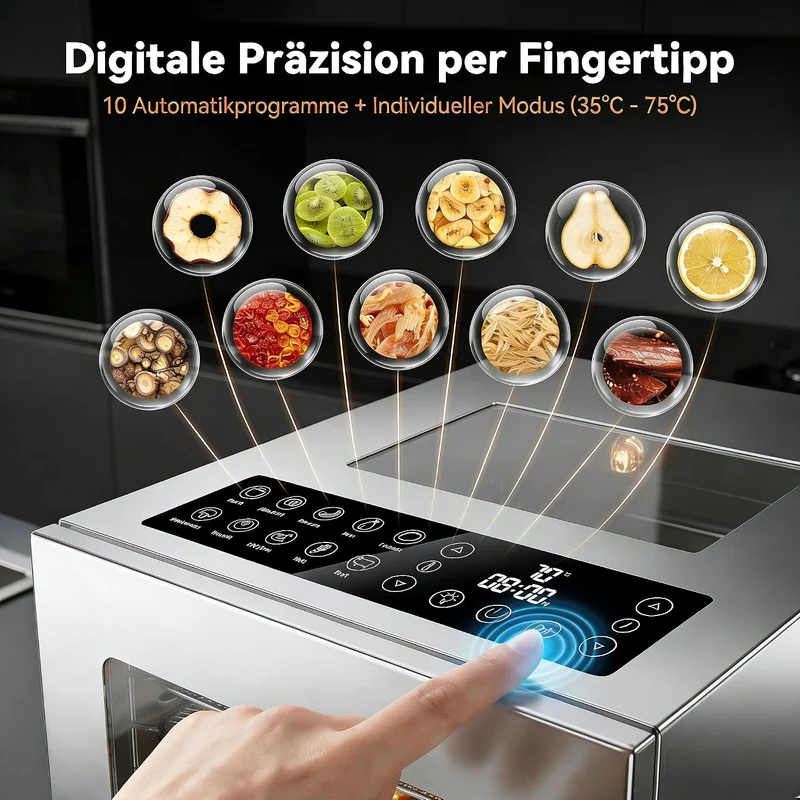 AIRFISH Edelstahl Dörrautomat, Food Dehydrator mit 67+ Rezepten, 10 Edelstahl Dörretagen, Digitale S