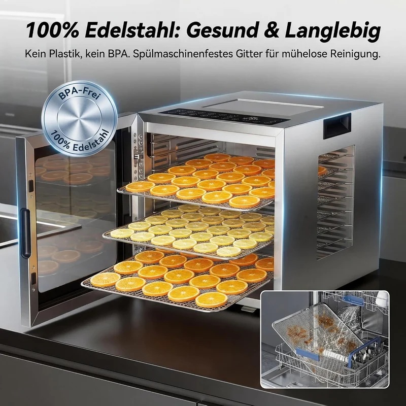 AIRFISH Edelstahl Dörrautomat, Food Dehydrator mit 67+ Rezepten, 10 Edelstahl Dörretagen, Digitale S