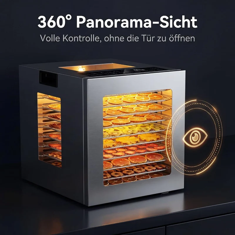 AIRFISH Edelstahl Dörrautomat, Food Dehydrator mit 67+ Rezepten, 10 Edelstahl Dörretagen, Digitale S