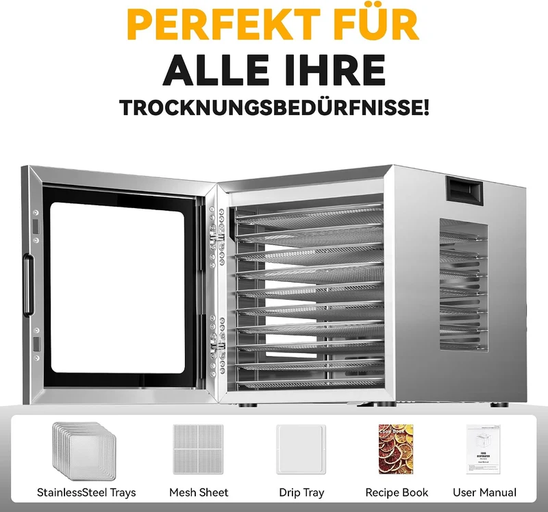 AIRFISH Edelstahl Dörrautomat, Food Dehydrator mit 67+ Rezepten, 10 Edelstahl Dörretagen, Digitale S