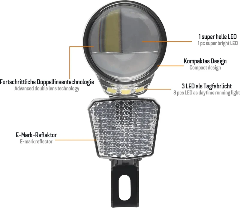 Dynamo Frontlicht 50 Lux Nova M50 – StVZO zugelassen, LED mit Doppel-Linsentechnologie, Tagfahrlicht