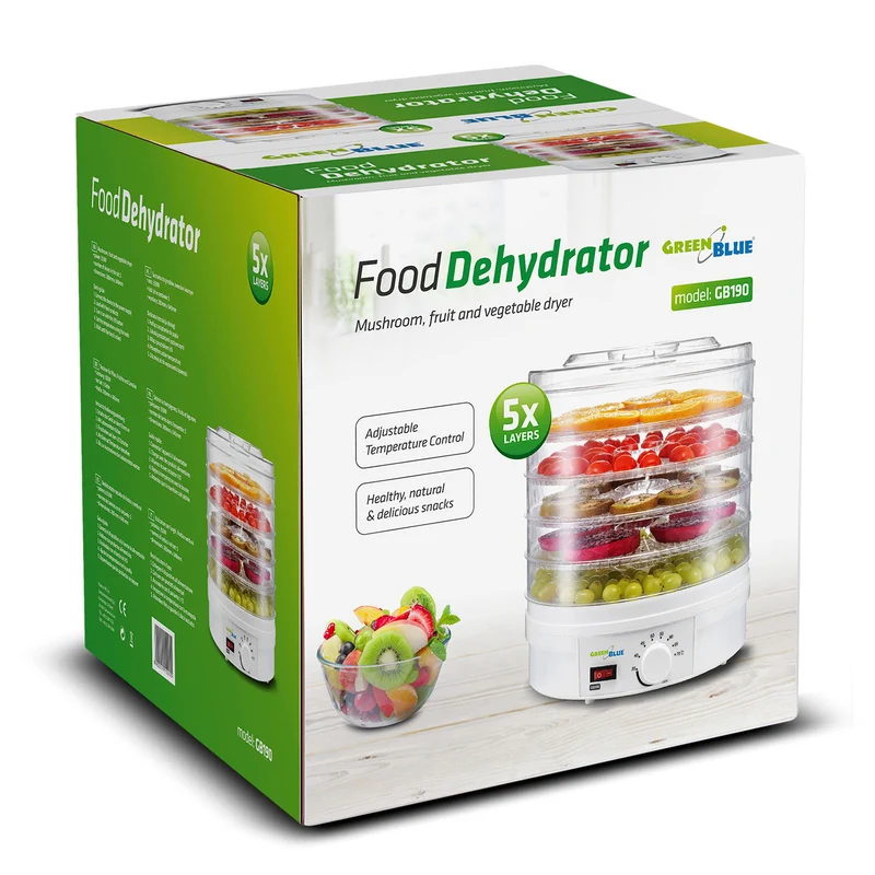 GreenBlue GB190 Food Dehydrator Fruit Vegetable 350W - 5 Trays - 35 to 70°C Temperature Control Adjustable