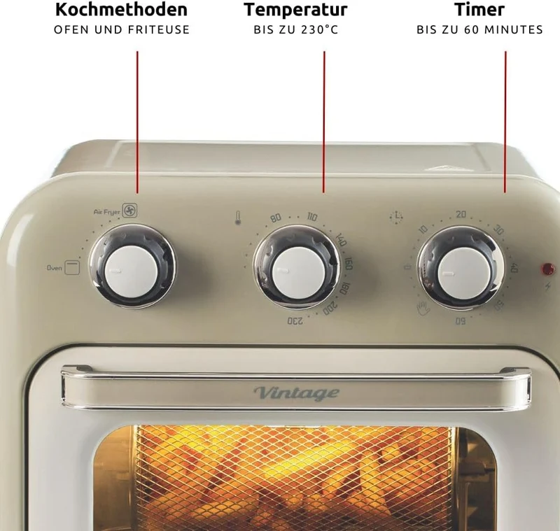 Ariete Vintage, 4632 2-in-1 Heissluftfritteuse und Ofen, 16 L Fassungsvermögen, Körbe und Drehspiess