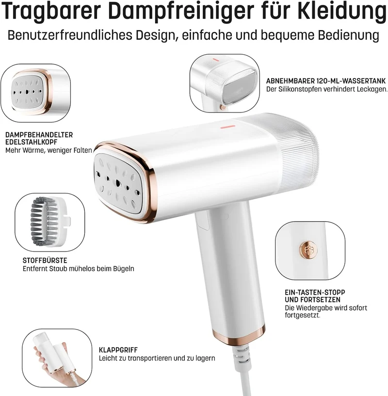 Dampfglätter Steamer Dampfbügler Faltbar - 1200 W, Kompakt und Faltbar, 120ml Wassertank konstante D