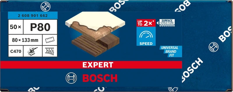 Bosch 50x EXPERT C470 Schleifpapier mit 8 Löchern (für Farbe auf Holz, Hartholz, Ø 80x133 mm, Körnun