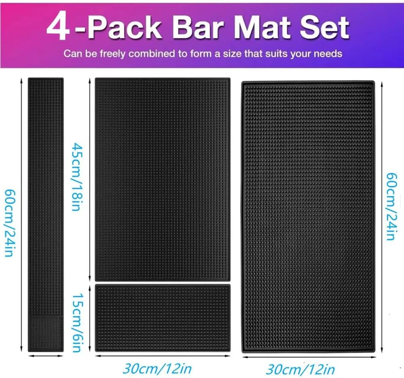 Bar-Matte für Cocktail- und Kaffee-Bar, Set mit 4 rutschfesten flexiblen Gummi-Bar-Service-Auslauf-M