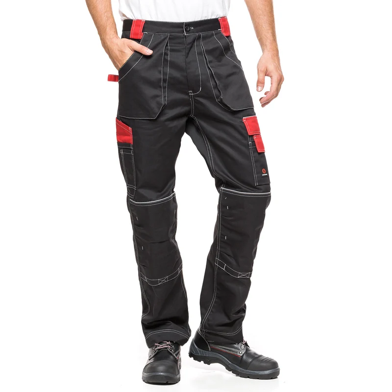 Helios Waist Work Trousers Black & Red 90-94cm Size 50 Button Cargo Pockets Multifunctional