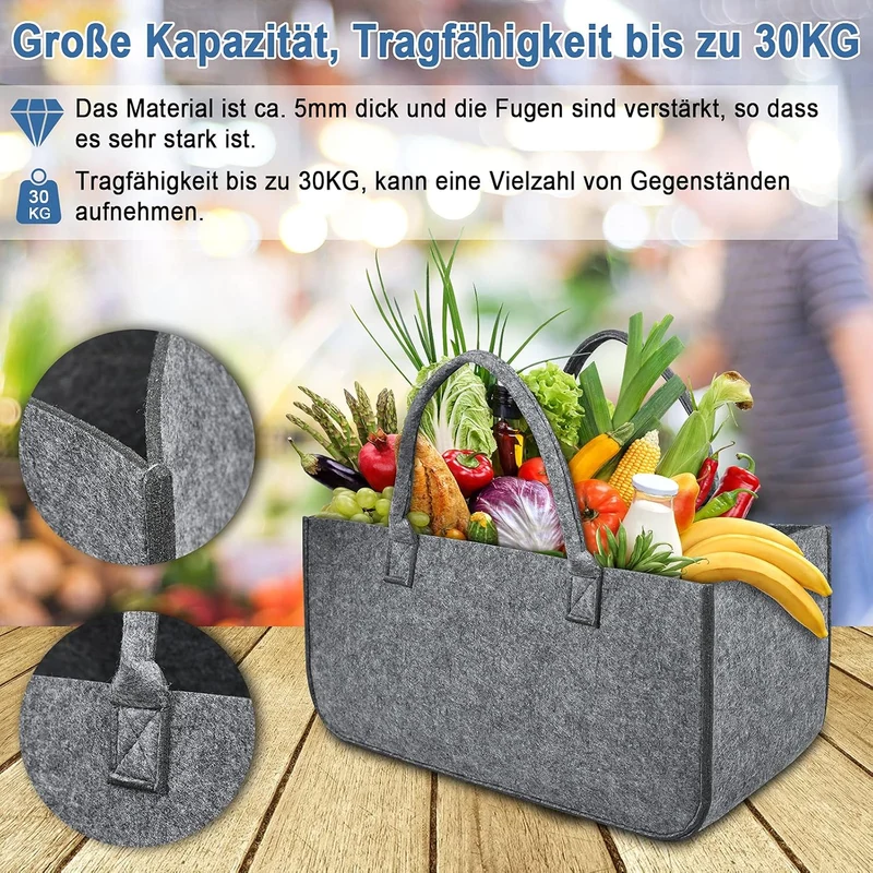 2 Stück Filztaschen Kaminholztasche Filz, Faltbar Kaminholzkorb Filztasche Shopper für Holz Zeitunge