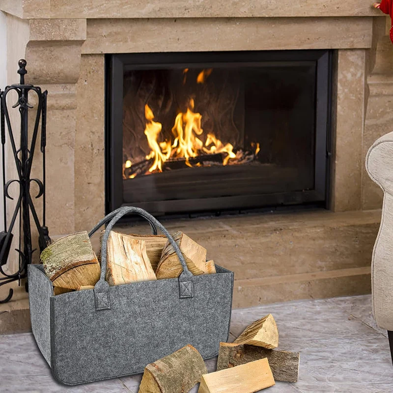 2 Stück Filztaschen Kaminholztasche Filz, Faltbar Kaminholzkorb Filztasche Shopper für Holz Zeitunge
