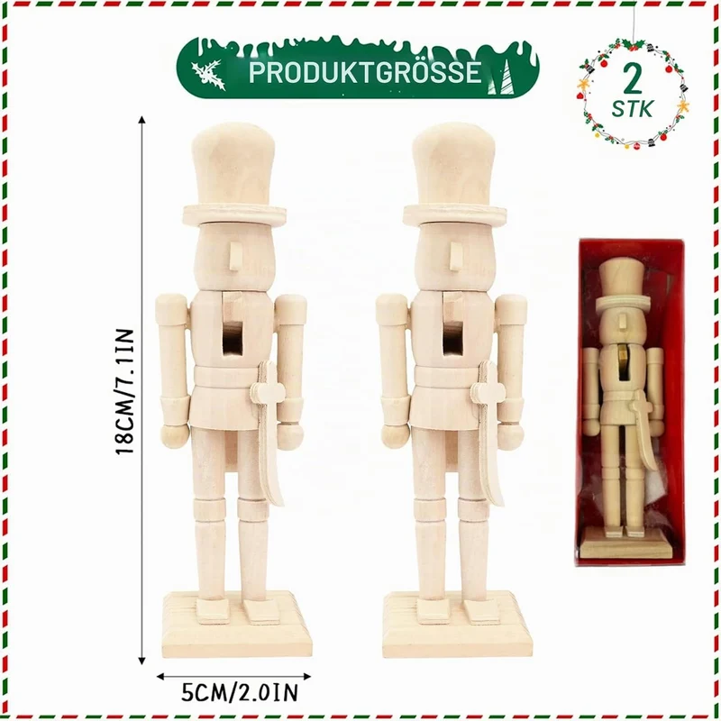 2 Stücke 18cm Weihnachten Nussknacker Soldat aus Holz Weihnachten Unbemalte Rohling Nussbaumsoldat U
