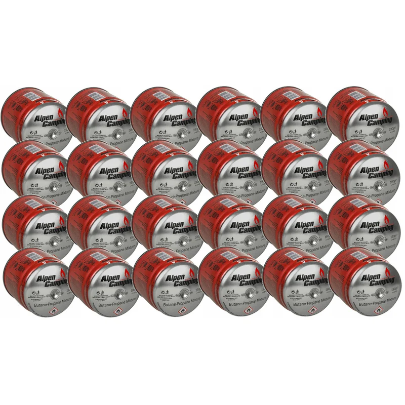 24x Alpen Camping 400ml gas cartridge. certification: Pi 0437, compliant with EN417, propane-butane, range -10°c to+ 40°c, GAS STOP IK006 system.
