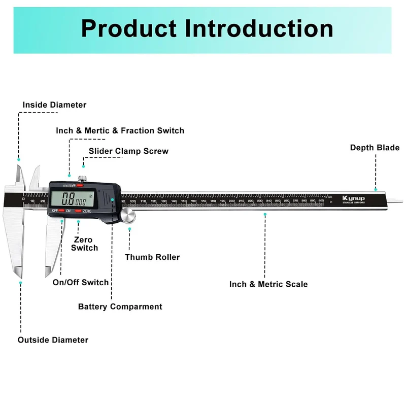 Kynup Digital Messschieber, 300mm/ 12-Zoll Digitale Schieblehre Edelstahl Messwerkzeug, Elektronisch