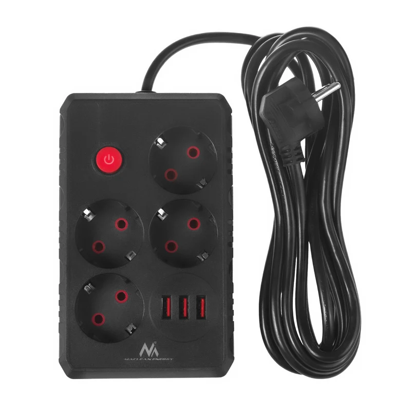 Maclean power strip, 4-socket extension cable + 3xUSB, 110-240V AC 50/60Hz, 2.1A max 2500W, 3m, black, MCE393 B
