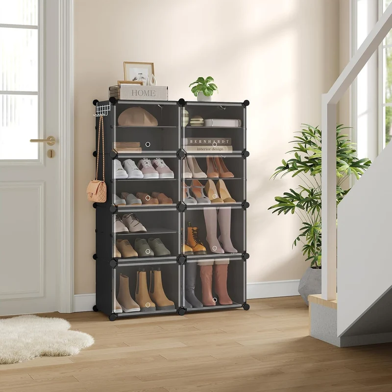 WOLTU Schuhregal, Schuhschrank mit 8 Fächern, Platzsparend, Mit Haken, Schuhablage Kunststoff, für F