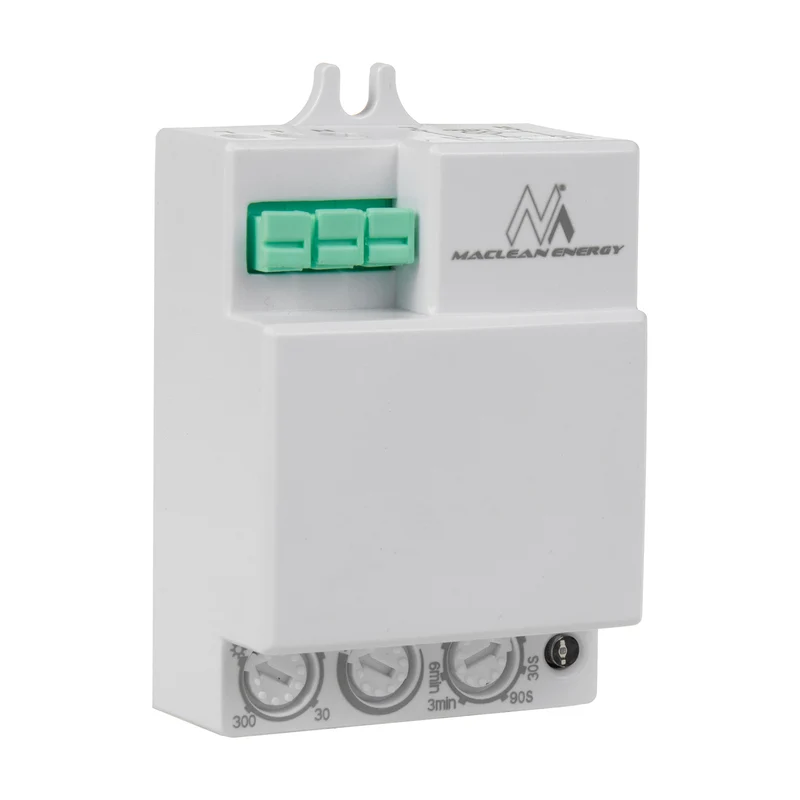 Maclean MCE316 microwave motion sensor, offering an 8m range with a maximum load of 1200W. Rated IP20, it operates at 5.8 GHz, ensuring reliable performance.