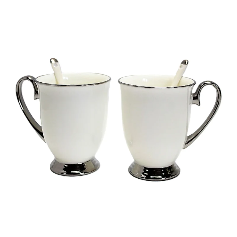 White 2pc Cups Chrome Handles, Teaspoons, Porcelain, Elegant, Queen Isabel