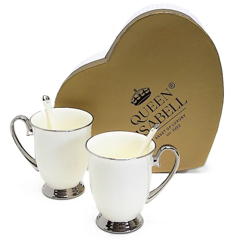 White 2pc Cups Chrome Handles, Teaspoons, Porcelain, Elegant, Queen Isabel