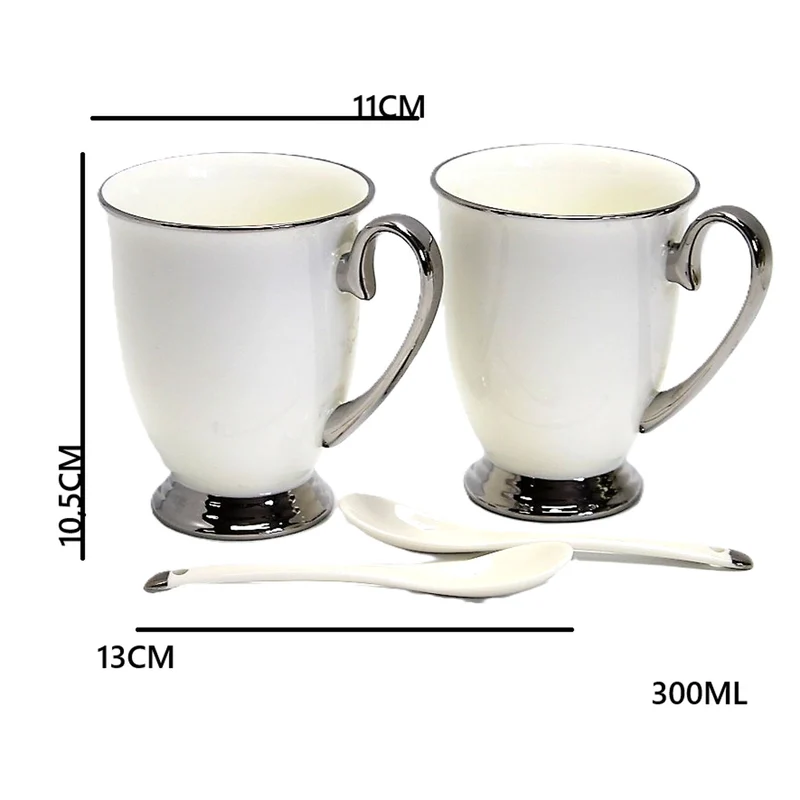 White 2pc Cups Chrome Handles, Teaspoons, Porcelain, Elegant, Queen Isabel
