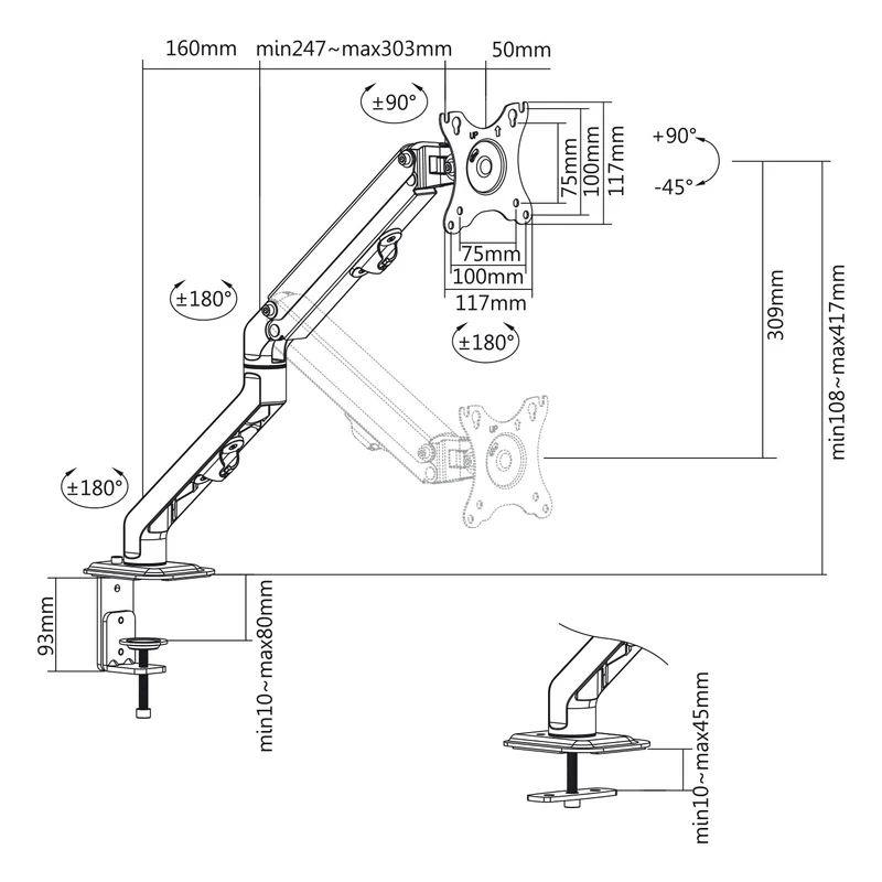 Maclean universal monitor desk mount, mechanical spring 17"-27" 7kg, VESA 75x75,100x100, MC-906