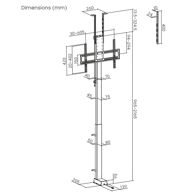 Maclean electric ceiling/floor mount, extendable, 43''-88'', VESA 600x400, max 60kg, 100-240V AC,50/60Hz