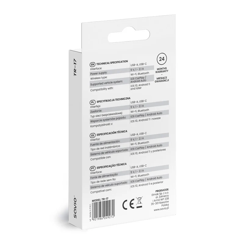 Bezprzewodowy adapter Savio, CarPlay, Android Auto, Bluetooth, Wi-Fi, SAVTR-17
