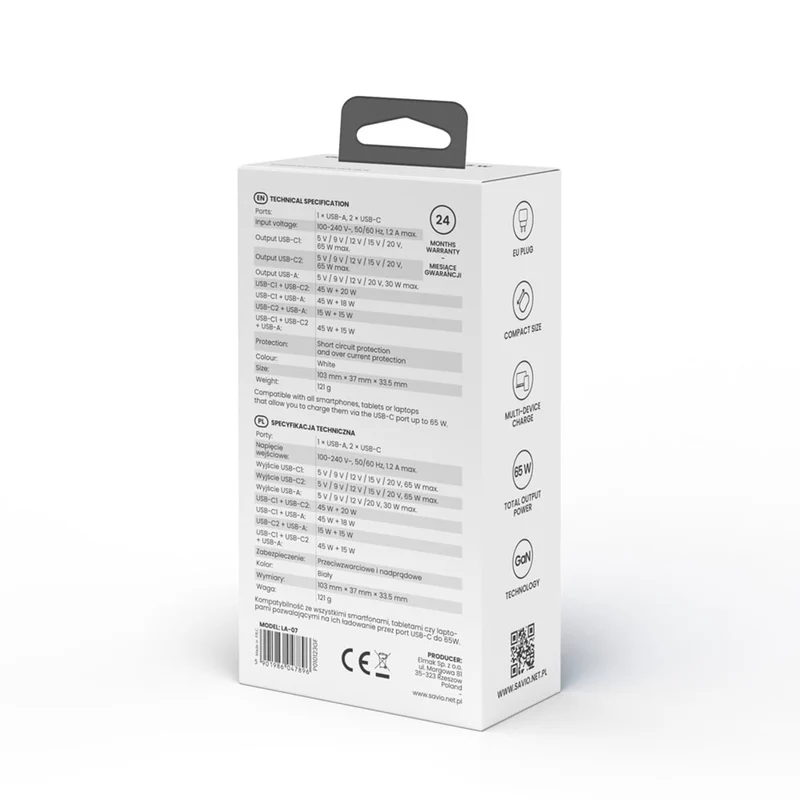 Savio Power Charger, 1x USB-A, 2x USB-C, GaN, 65W, white, SAVLA-07