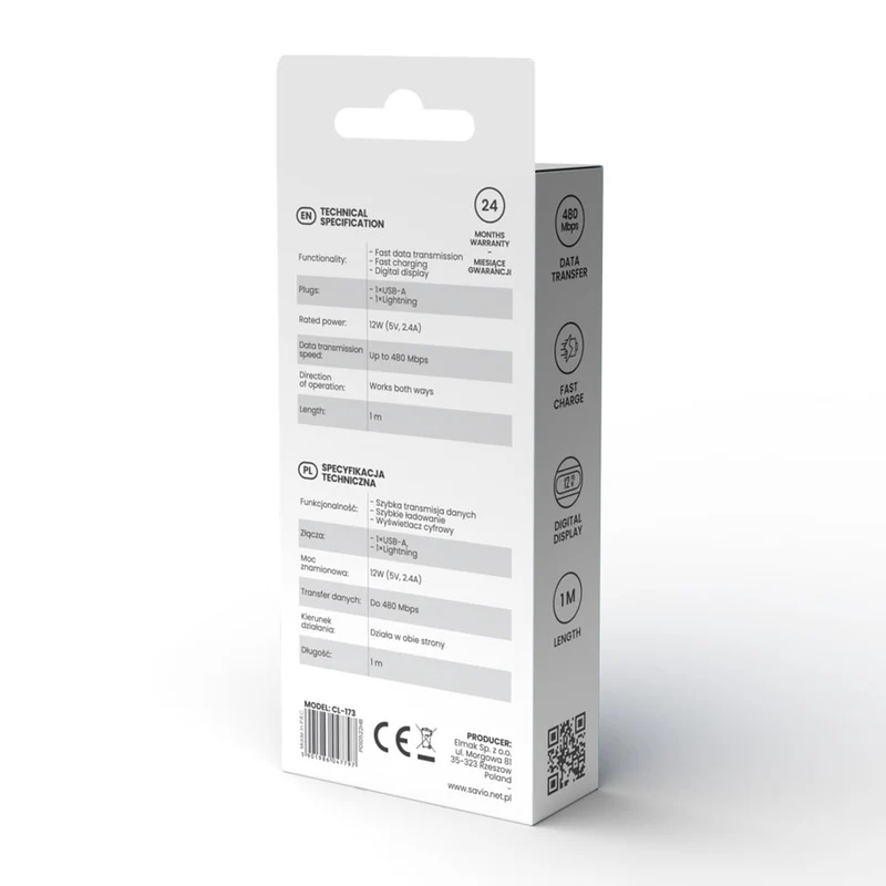 Savio USB to Lightning cable, digital display, length 1m, SAVKABELCL-173