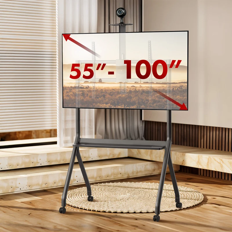 Maclean TV stand / cart, camera shelf, on casters, 55-100", max load 120kg/10kg shelf, max. VESA 900x600, black, MC-114 B