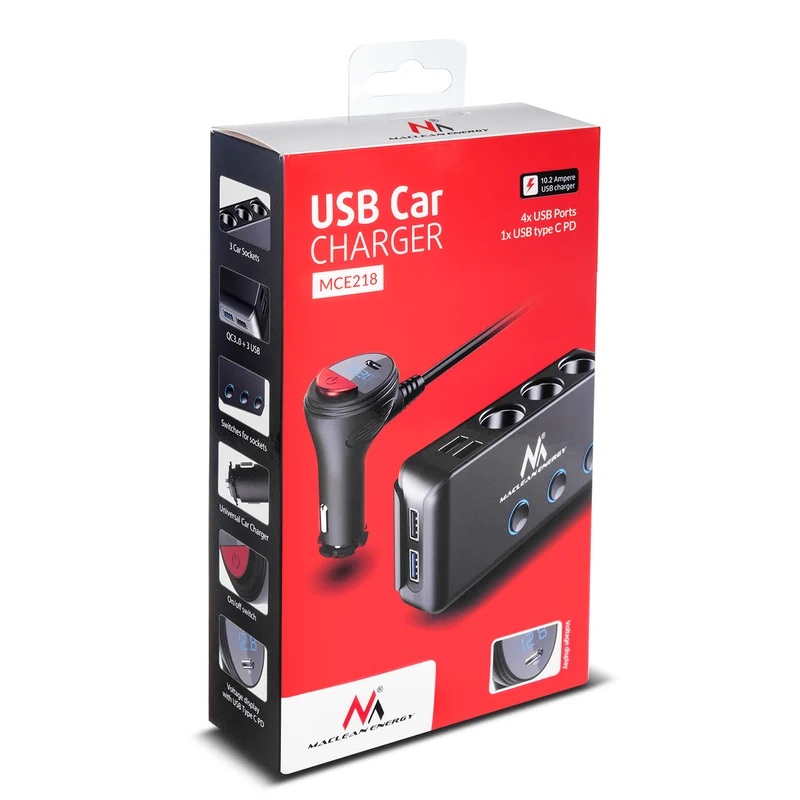 Maclean MCE218 USB Car Charger - 3 Car Sockets 1xQuick Charge 3.0, 3xUSB 6.8A, 1x Power Delivery 18W, Max 120W