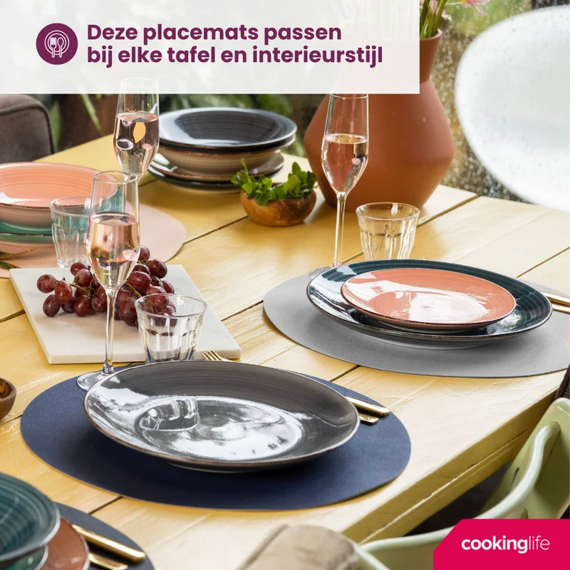 Cookinglife 6 Platzsets + 6 Untersetzer - Doppelseitig - Rund - Veganes Leder - Blau / Grau - 12 Stück