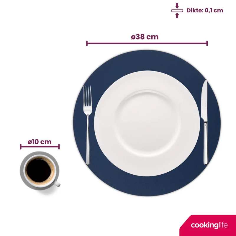 Cookinglife 6 Platzsets + 6 Untersetzer - Doppelseitig - Rund - Veganes Leder - Blau / Grau - 12 Stück