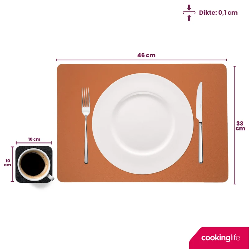 Cookinglife 6 Platzsets + 6 Untersetzer - Doppelseitig - Veganes Leder - Schwarz / Cognac - 12 Stück