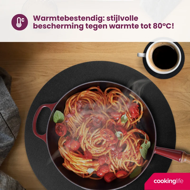 Cookinglife 6 Platzsets + 6 Untersetzer - Rund - Veganes Leder - Schwarz - 12 Stück