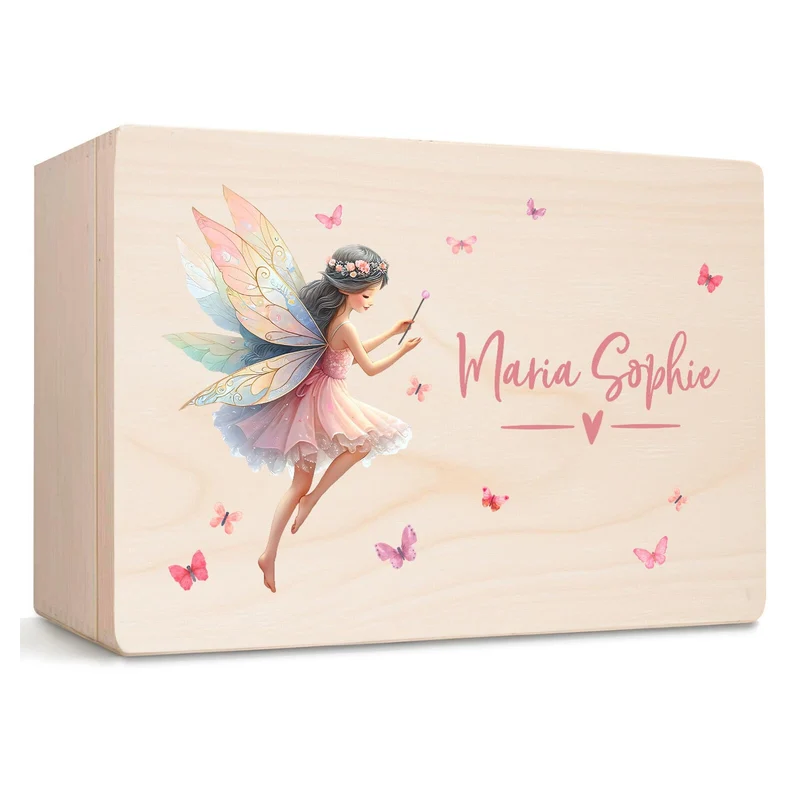 Little Deco Personalisierte Baby Erinnerungsbox mit Fee | L - 40 x 30 x 22 cm | Erinnerungskiste aus