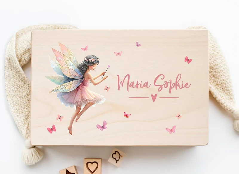 Little Deco Personalisierte Baby Erinnerungsbox mit Fee | L - 40 x 30 x 22 cm | Erinnerungskiste aus