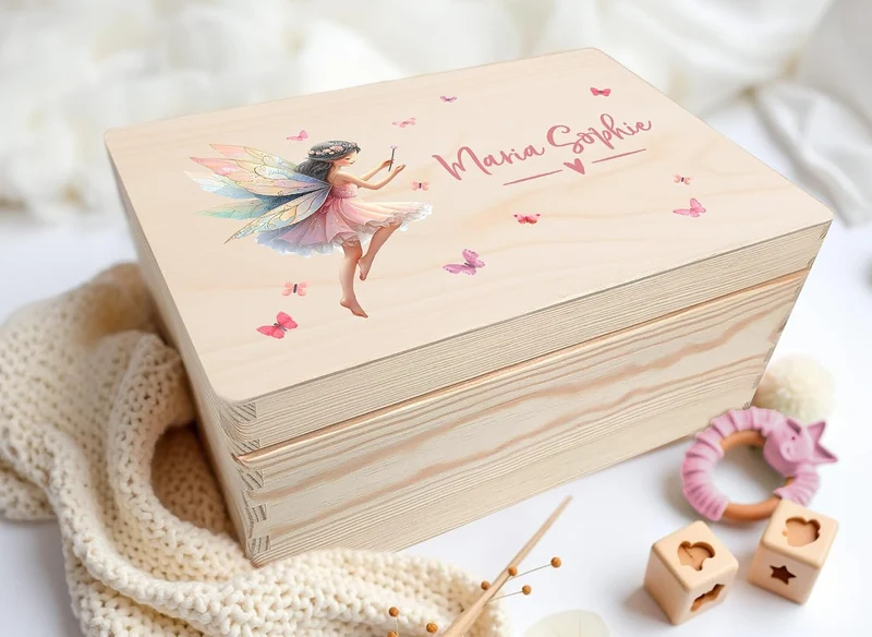Little Deco Personalisierte Baby Erinnerungsbox mit Fee | L - 40 x 30 x 22 cm | Erinnerungskiste aus