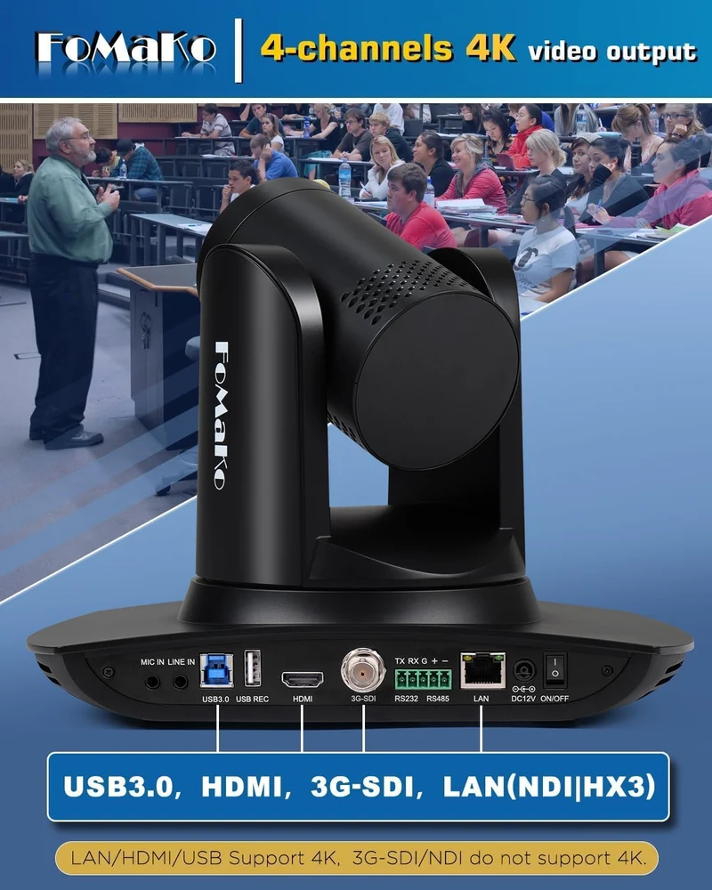 FoMaKo 4K 30x NDI PTZ Kamera, 30x Optischer Zoom, KI Auto-Tracking Gen 3, 3G-SDI HDMI LAN USB 3.0 PT