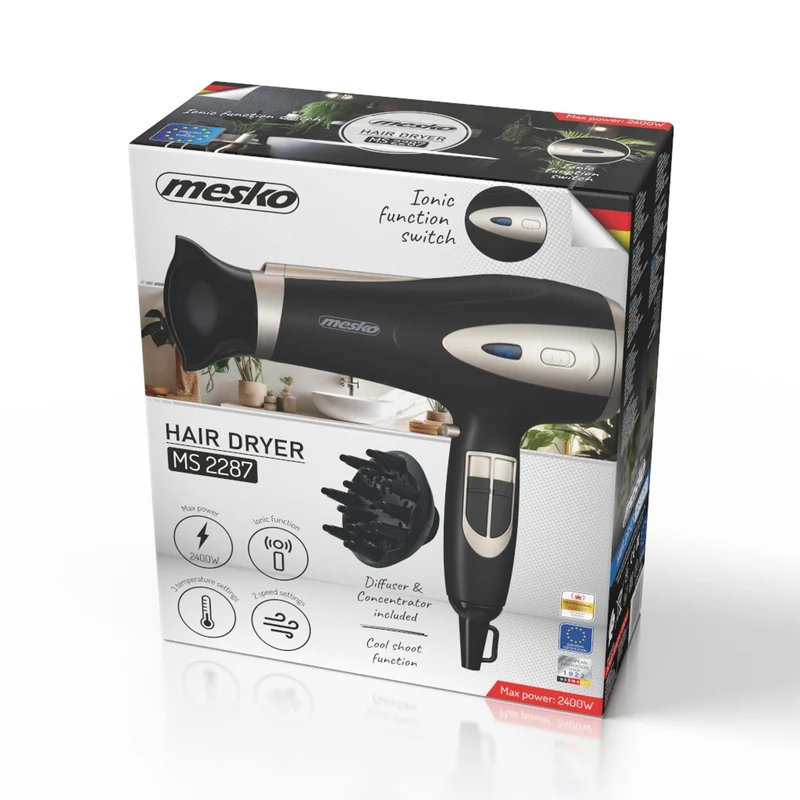 Mesko hair dryer, ionization function, diffuser, 2200W power, black, MS 2287