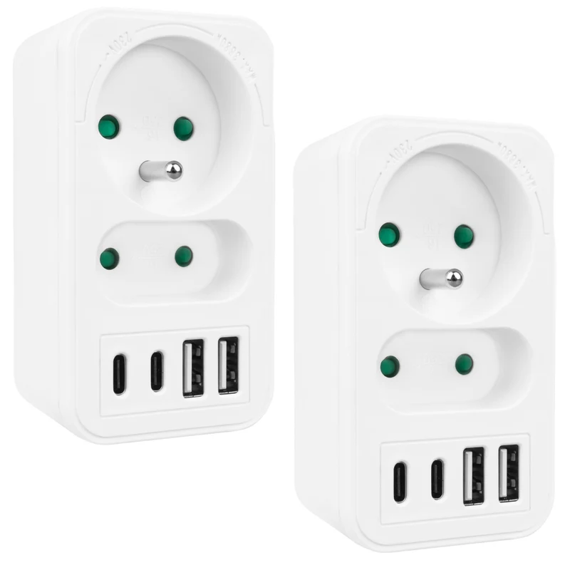 Current socket x2 + 4xUSB Maclean, splitter with 2 sockets, 2xUSB A, 2xUSB C PD 20W, 1x16A + 1x6A, MCE249 F/W, 2 pieces