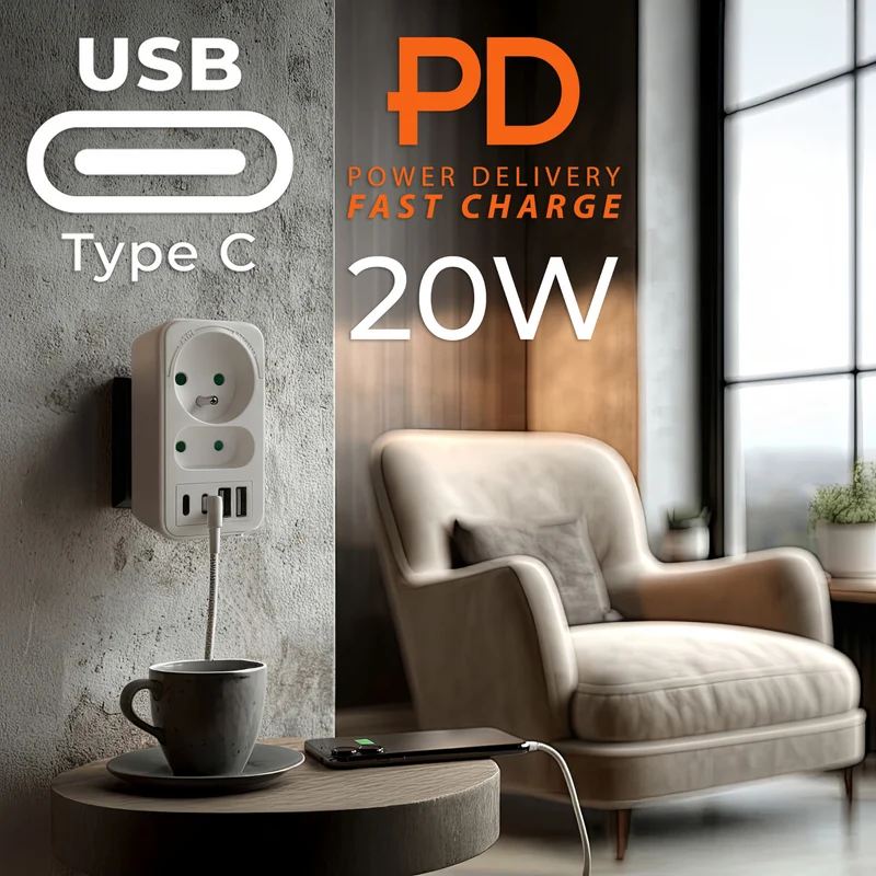 Current socket x2 + 4xUSB Maclean, splitter with 2 sockets, 2xUSB A, 2xUSB C PD 20W, 1x16A + 1x6A, MCE249 F/W, 3 pieces