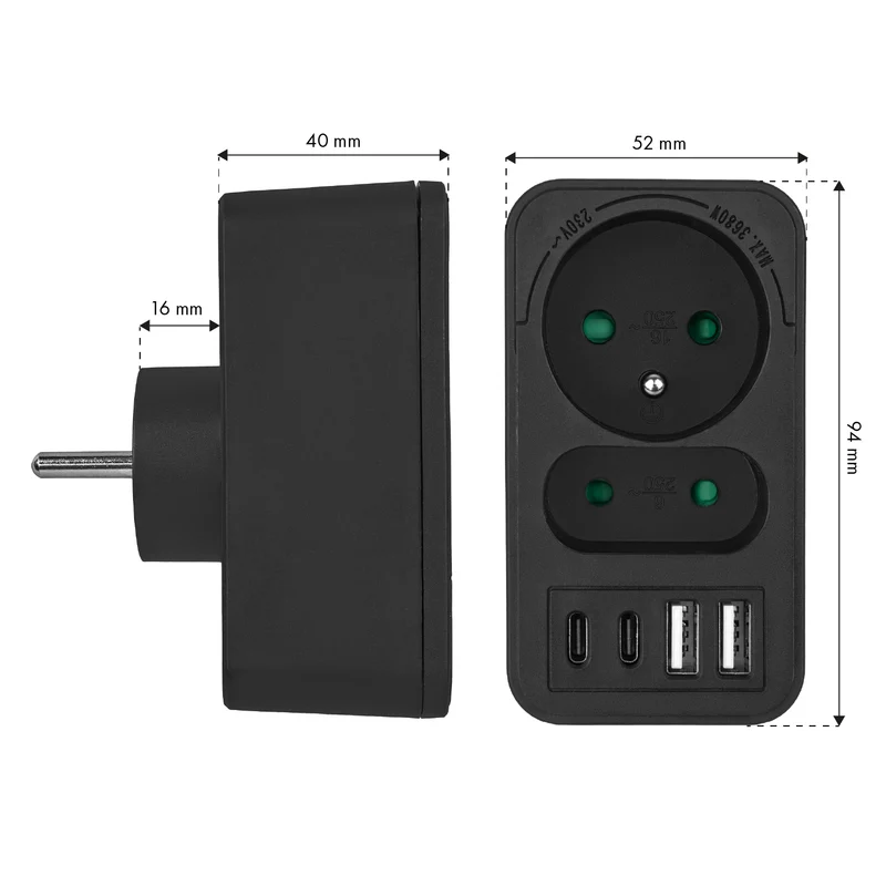 Current socket x2 + 4xUSB Maclean, splitter with 2 sockets, 2xUSB A, 2xUSB C PD 20W, 1x16A + 1x6A, MCE249 F/B, 2 pieces