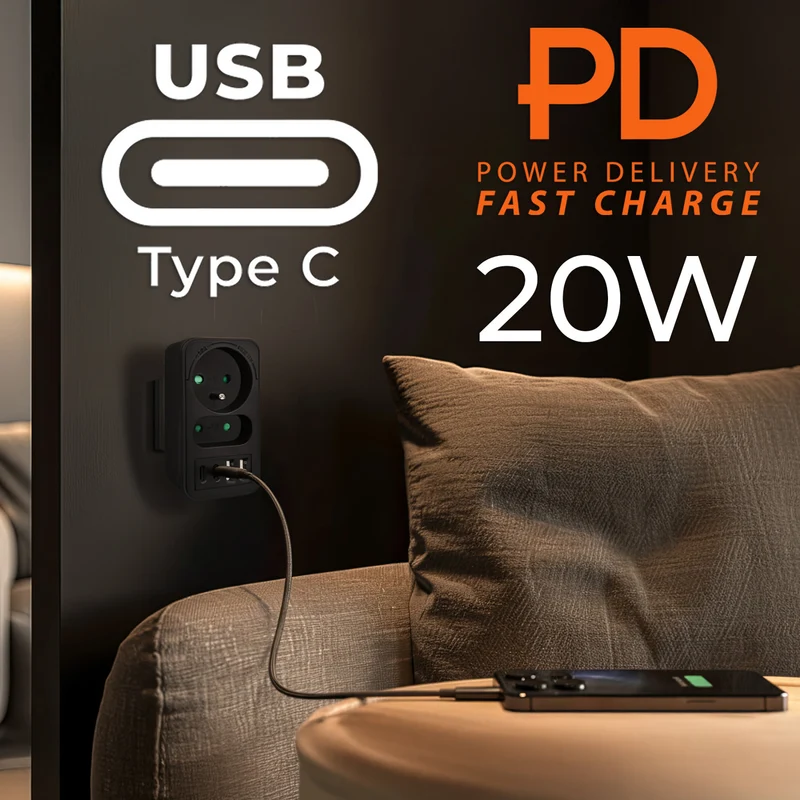 Current socket x2 + 4xUSB Maclean, splitter with 2 sockets, 2xUSB A, 2xUSB C PD 20W, 1x16A + 1x6A, MCE249 F/B, 2 pieces
