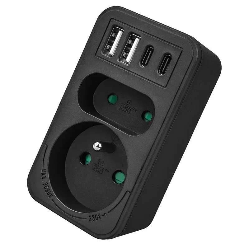 Maclean current socket x2 + 4xUSB, splitter with 2 sockets, 2xUSB A, 2xUSB C PD 20W, 1x16A + 1x6A, MCE249 F/B, 3 pieces