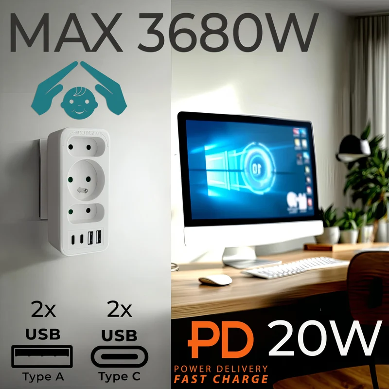 Current socket x3 + 4xUSB Maclean, splitter with 3 sockets, 2xUSB A, 2xUSB C PD 20W, 1x16A + 2x6A, MCE248 F/W, 3 pieces