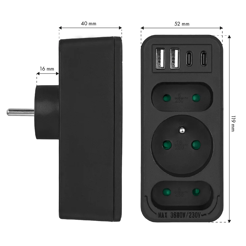 Current socket x3 + 4xUSB Maclean, splitter with 3 sockets, 2xUSB A, 2xUSB C PD 20W, 1x16A + 2x6A, MCE248 F/B, 3 pieces