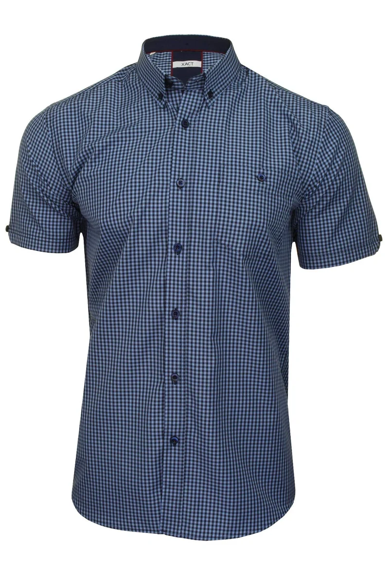 Xact Herren Kurzarmhemd mit Gingham-Karo, Button-Down-Kragen, Normale Passform M Denim Blue/ Navy, M