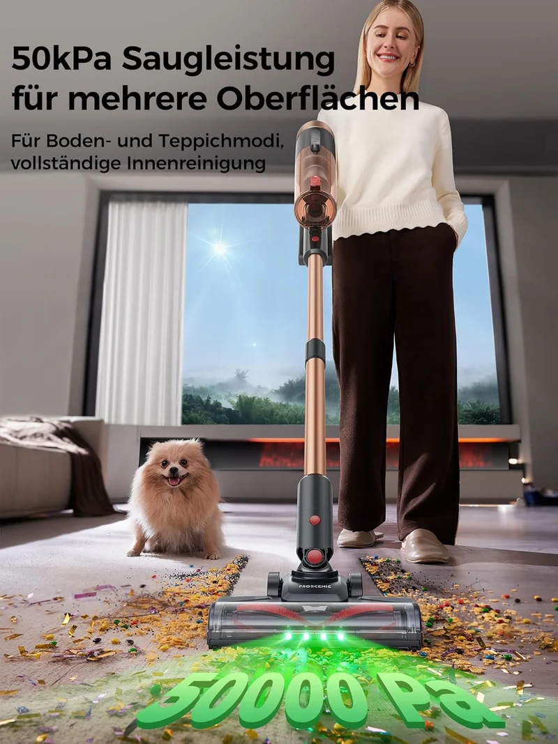 Proscenic P11 Ultra Staubsauger Kabellos, Leichter Selbststehend 50Kpa 50Min Akku Staubsauger mit To